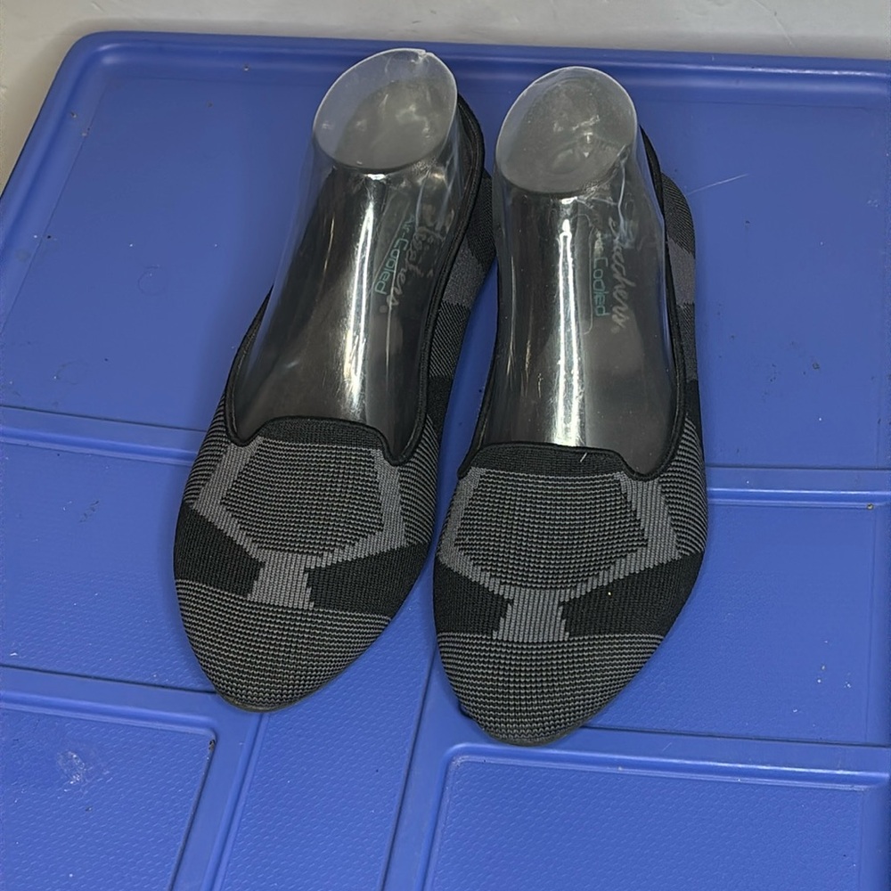 Skechers Women's 9 Cleo Sherlock Black Grey Air Cooled Memory Foam Flats EUC